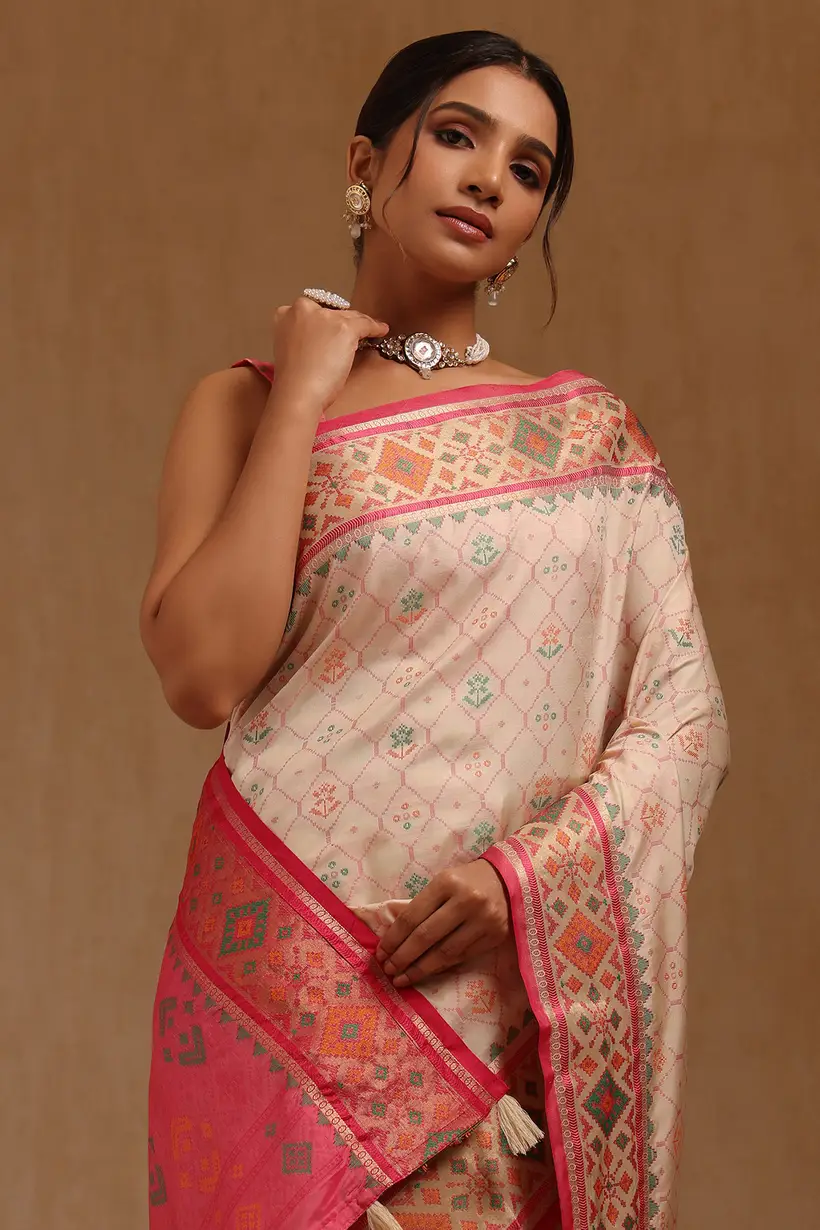 Cream Soft Silk Woven Design Saree